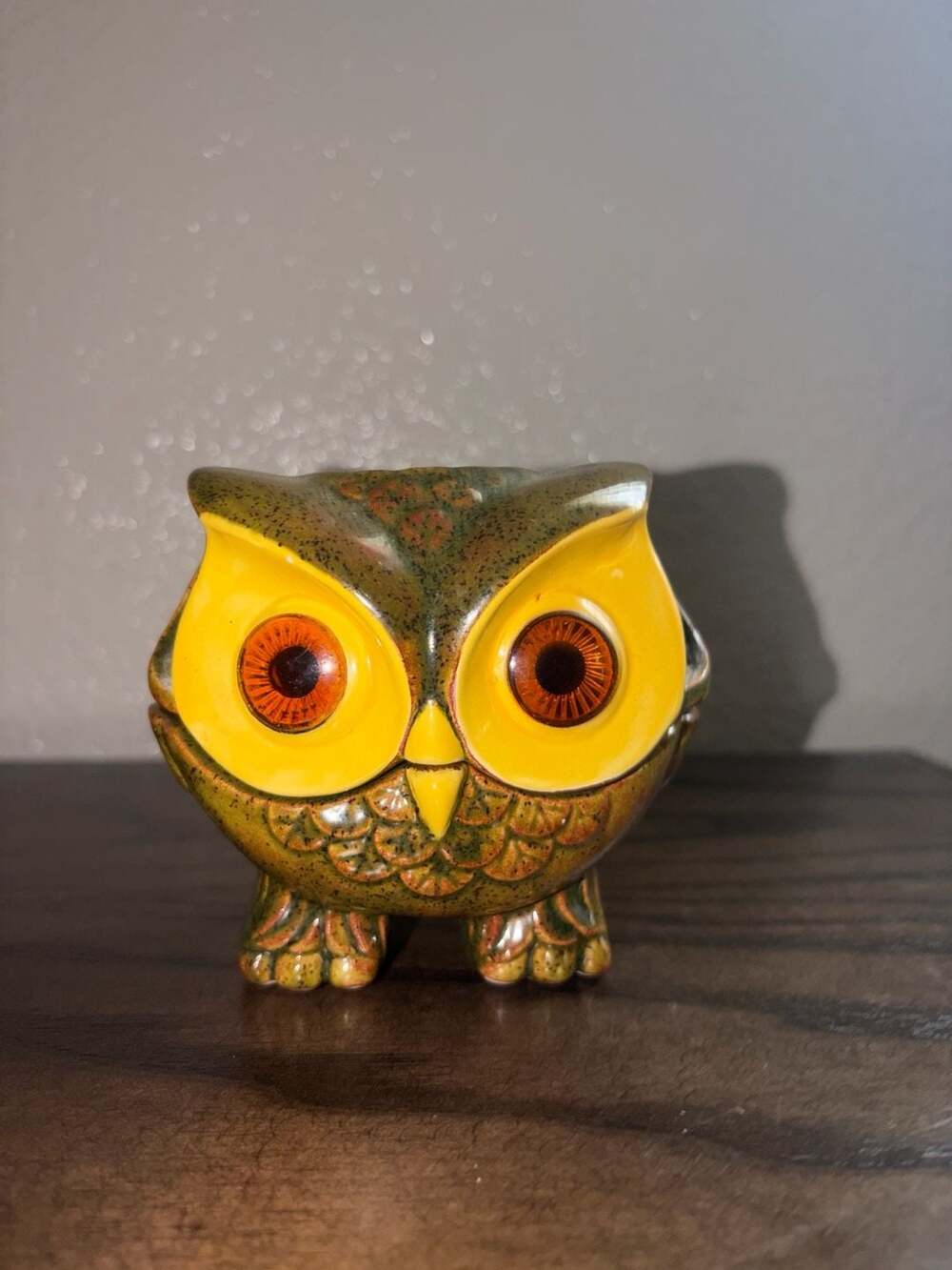 Vintage 1970s Glazed Ceramic Owl Trinket Box with Inserted Eyes